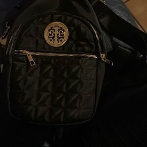 super cute tory burch style black quilted bag with gold accents
